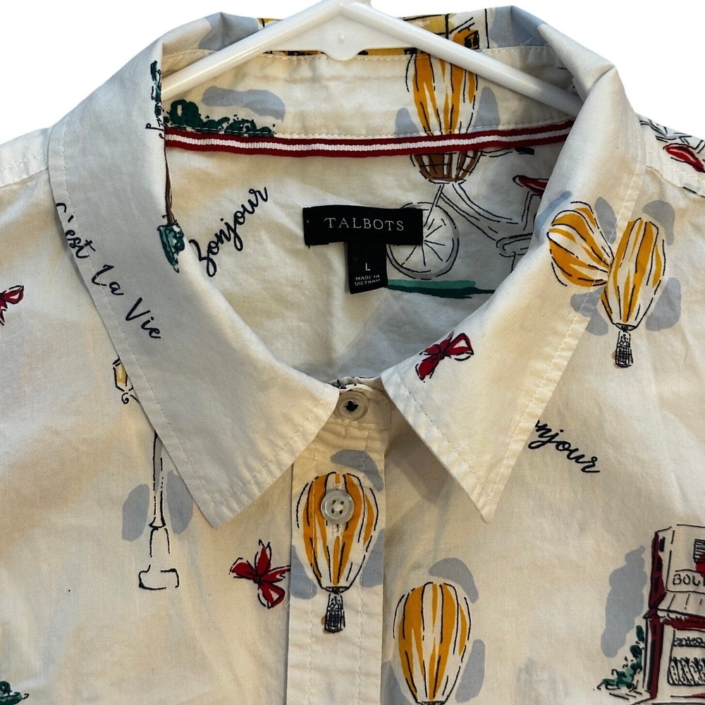 Talbots Ivory Paris Novelty Print Cotton Button Down Shirt Women's Large - Picture 5 of 6